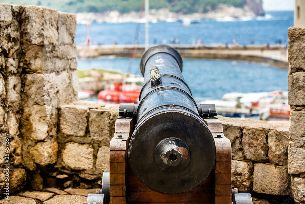 An ancient cannon stands in the fortress of Dubrovnik, Croatia.