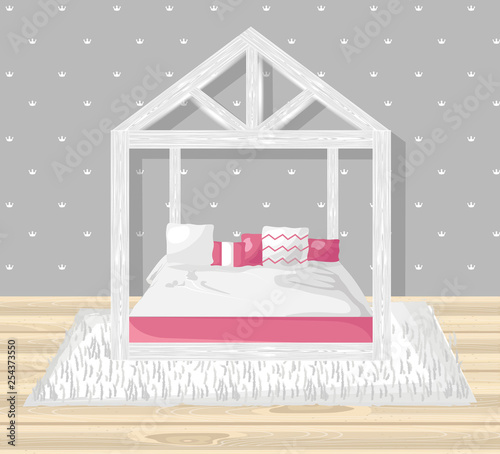 Little Girl bedroom Vector flat style. Modern trendy decorations