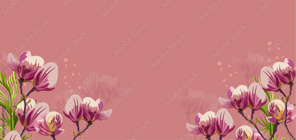 Magnolia flowers Vector on pink background. Beautiful card templates