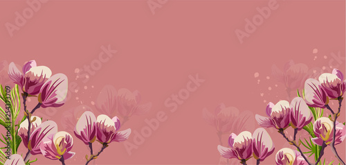 Magnolia flowers Vector on pink background. Beautiful card templates