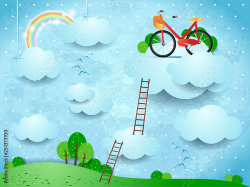 Fantasy landscape with stairways and bike over the clouds