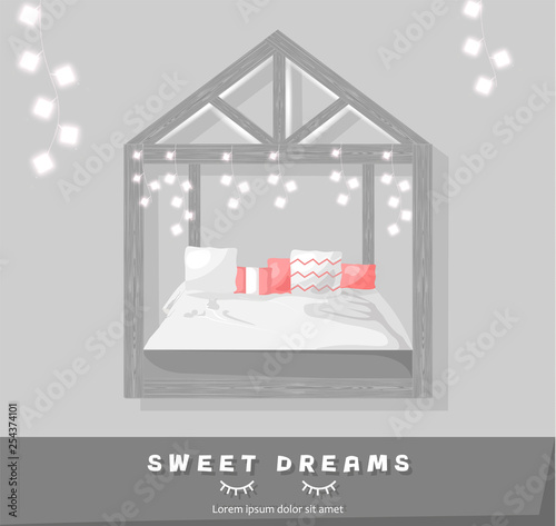 Sweet dreams cozy bedroom Vector flat style. Modern trendy decorations