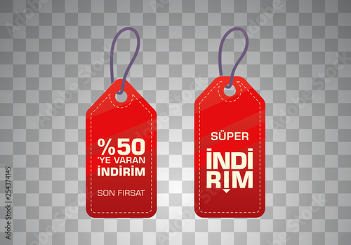 Indirim etiketleri yazilari. Translation from turkish: Sale offer badges. Red promo seals/stickers. Isolated vector illustration