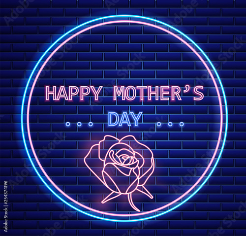 Happy mother day rose flower neon light lettering Vector. Vintage board. Glowing floral decor. Shiny Neon Light Poster, Flyer, Banner, Postcard, Invitation. Vector 3d Illustrations