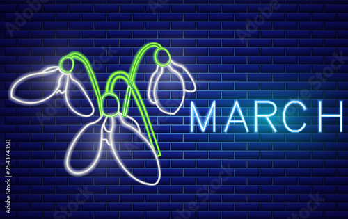 Snowdrop neon sign Vector. Spring design element. Night bright neon sign. col...