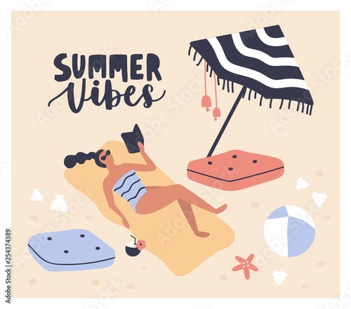 Postcard template with woman lying on beach, reading book and sunbathing and Summer Vibes phrase handwritten with cursive calligraphic font. Girl relaxing at seaside resort. Flat vector illustration.
