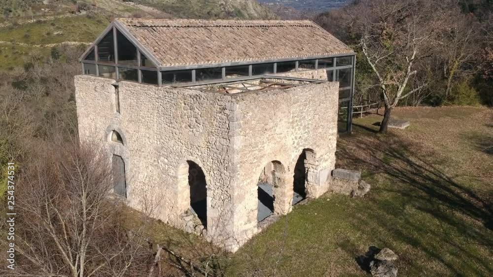 Church highmedieval of San Donato (Lazio, Italy) near Farfa. Aerial view.