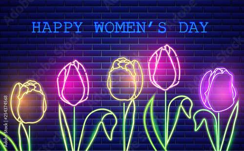 Happy Mother day tulip flowers neon light Vector. Vintage board. Glowing bouquet. Shiny Neon Light Poster, Flyer, Banner, Postcard, Invitation. Vector 3d Illustrations