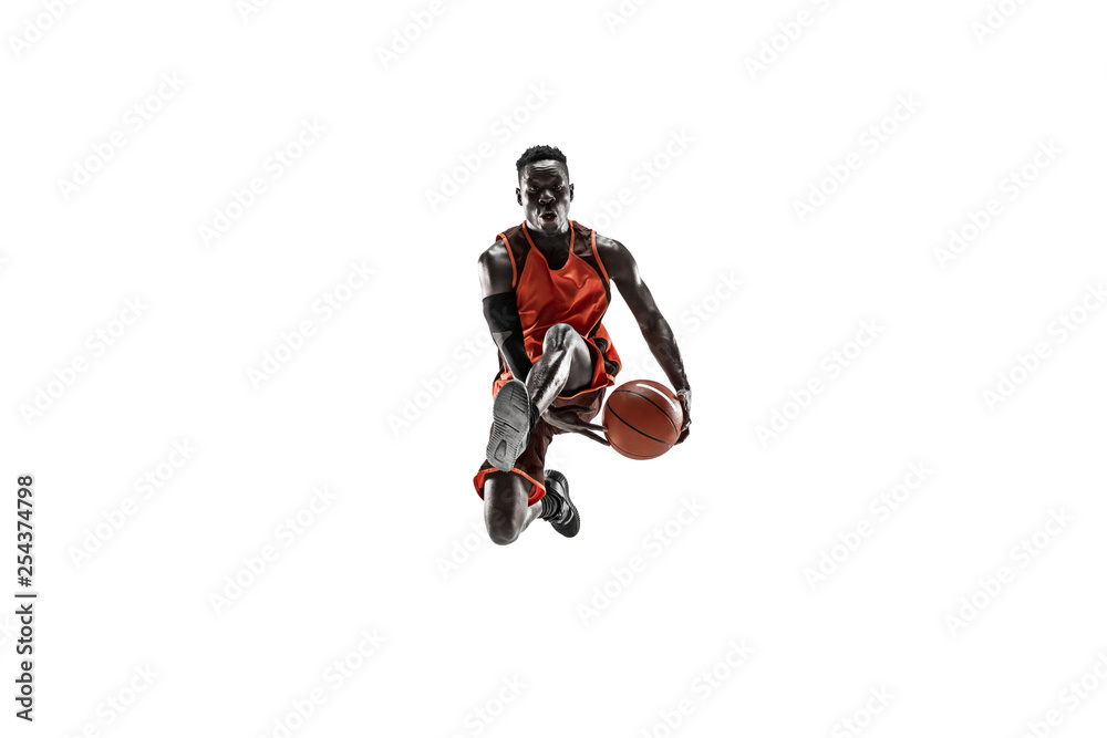 Full length portrait of a basketball player with a ball isolated on white studio background. advertising concept. Fit african american athlete jumping with ball. Motion, activity, movement concepts. Full length portrait of a basketball player with a ball isolated on white studio background. advertising concept. Fit african american athlete jumping with ball. Motion, activity, movement concepts.