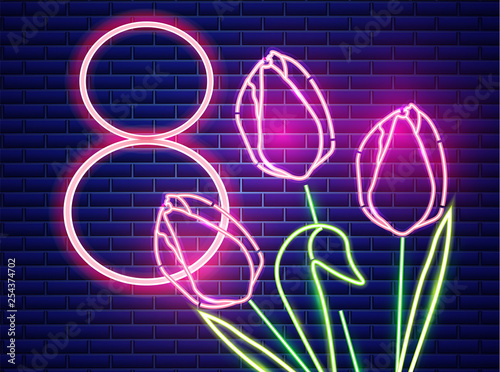 8 march tulip flowers neon light. Vintage board. Glowing bouquet. Shiny Neon ...