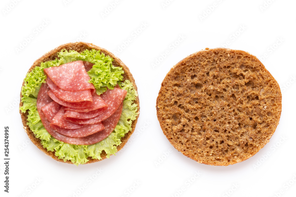 Sandwich with salami sausage on white background.