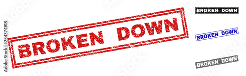Grunge BROKEN DOWN rectangle stamp seals isolated on a white background. Rectangular seals with distress texture in red, blue, black and grey colors.