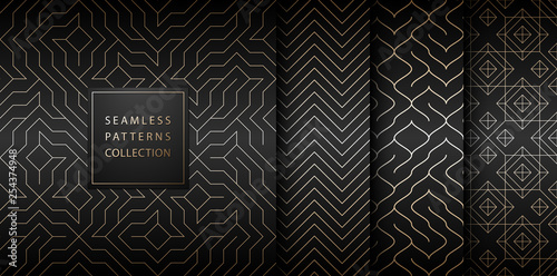 Collection of seamless geometric golden minimalistic patterns. Simple vector graphic black print background. Repeating line abstract texture set. Stylish trellis gold square. Geometry web page fill.