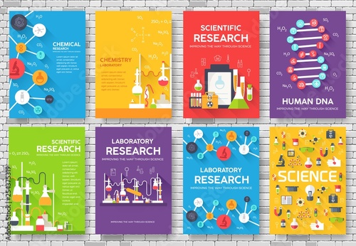 Science information cards set. laboratory template of flyer, magazines, posters, book cover, banners. Chemistry infographic concept background. Layout illustrations template pages with typography