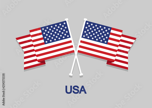 Two crossed flags America with text USA in flat design on gray background