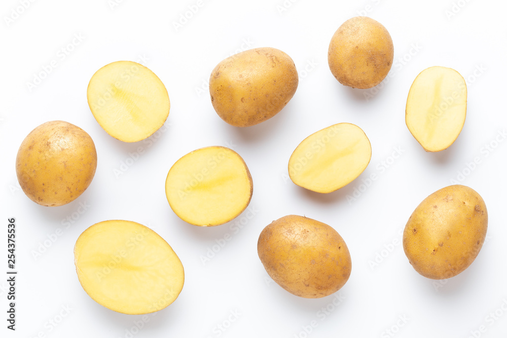 Potatoes isolated on white background. Flat lay. Top view. Potatoes isolated on white background. Flat lay. Top view.