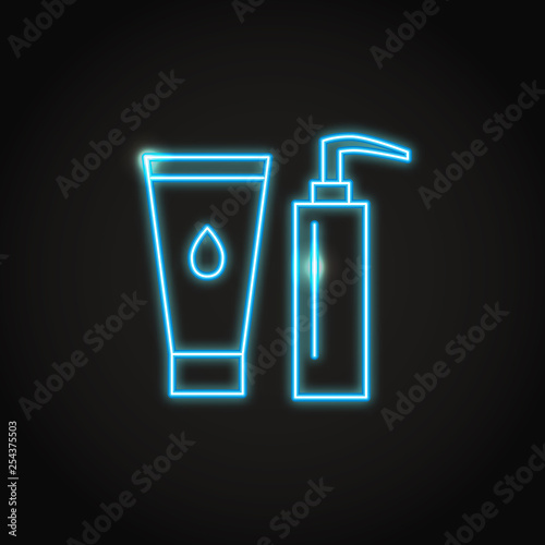 Cosmetic bottles icon in glowing neon style