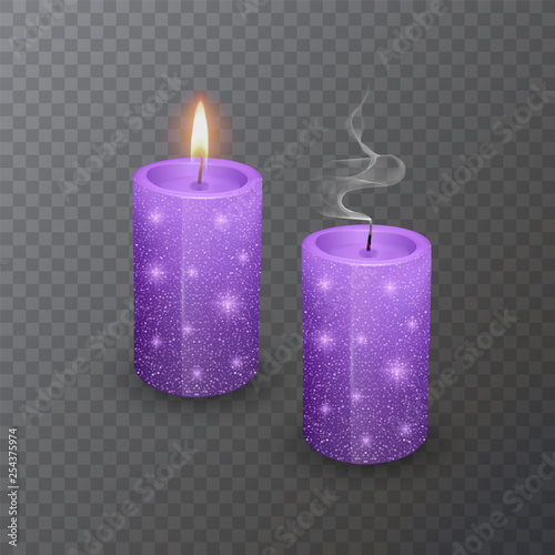 Realistic candle, Burning purple candle and an extinct candle with glittering texture on dark background, vector illustration