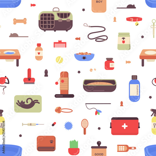 Seamless pattern with pet shop goods for cats and dogs on white background