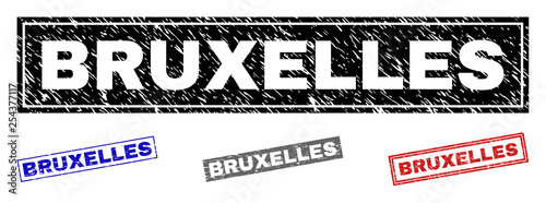 Grunge BRUXELLES rectangle stamp seals isolated on a white background. Rectangular seals with grunge texture in red  blue  black and gray colors.