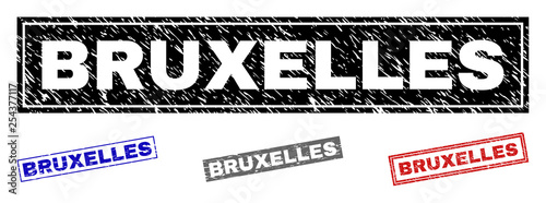 Grunge BRUXELLES rectangle stamp seals isolated on a white background. Rectangular seals with grunge texture in red, blue, black and gray colors.