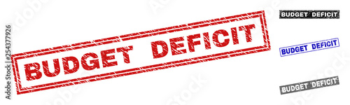 Grunge BUDGET DEFICIT rectangle stamp seals isolated on a white background. Rectangular seals with distress texture in red, blue, black and grey colors.