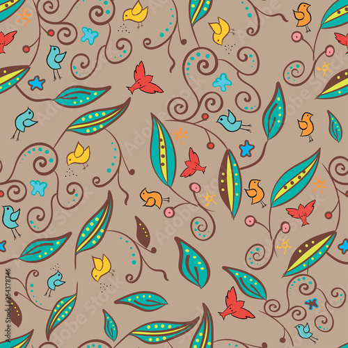 Seamless vintage pattern with birds and leafs on brown background. Colorful endless hand drawn vector illustration