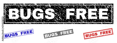 Grunge BUGS FREE rectangle stamp seals isolated on a white background. Rectangular seals with grunge texture in red, blue, black and gray colors.