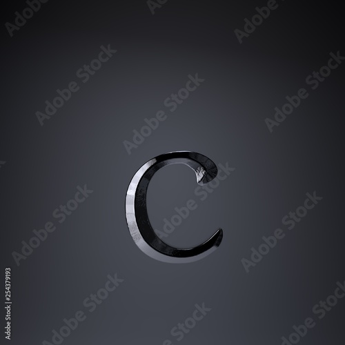 Chiseled iron letter C lowercase. 3d render game or movie title font isolated on black background.