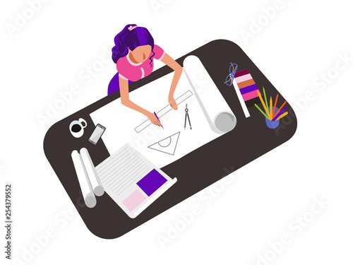 Woman drawing architect drafting project, sketching flat vector illustration