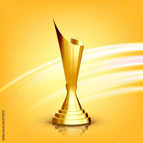 Golden Award Cup Vector. Gilded Metal Object. Leader Tag. Athlete Power. Number One. First Place. Achievement Sign. Decoration Element. 3D Realistic Illustration