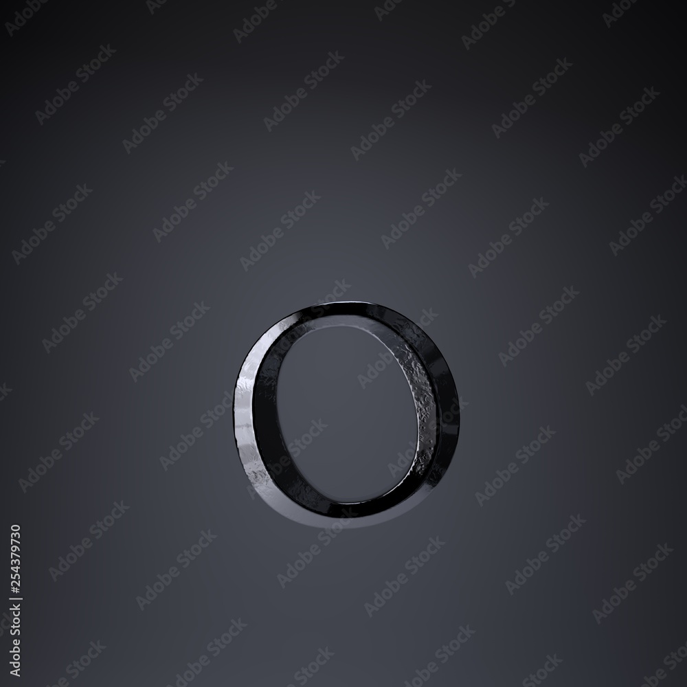 Chiseled iron letter O lowercase. 3d render game or movie title font isolated on black background. Chiseled iron letter O lowercase. 3d render game or movie title font isolated on black background.