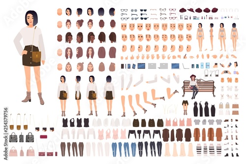 Stylish young woman creation set or animation kit. Bundle of body parts, trendy clothes, hairstyles, facial expressions. Female cartoon character. Front, side, back views. Flat vector illustration.