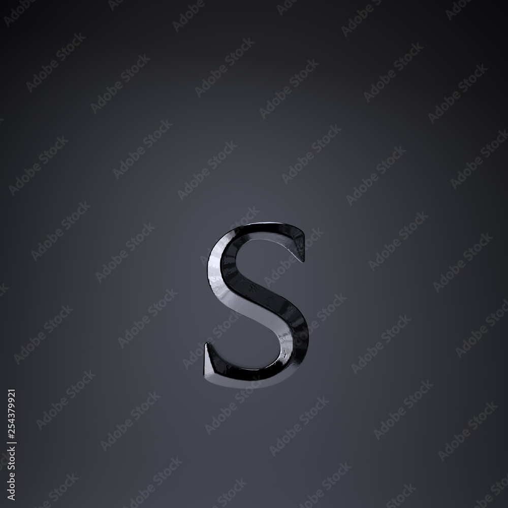 Chiseled iron letter S lowercase. 3d render game or movie title font isolated on black background. Chiseled iron letter S lowercase. 3d render game or movie title font isolated on black background.