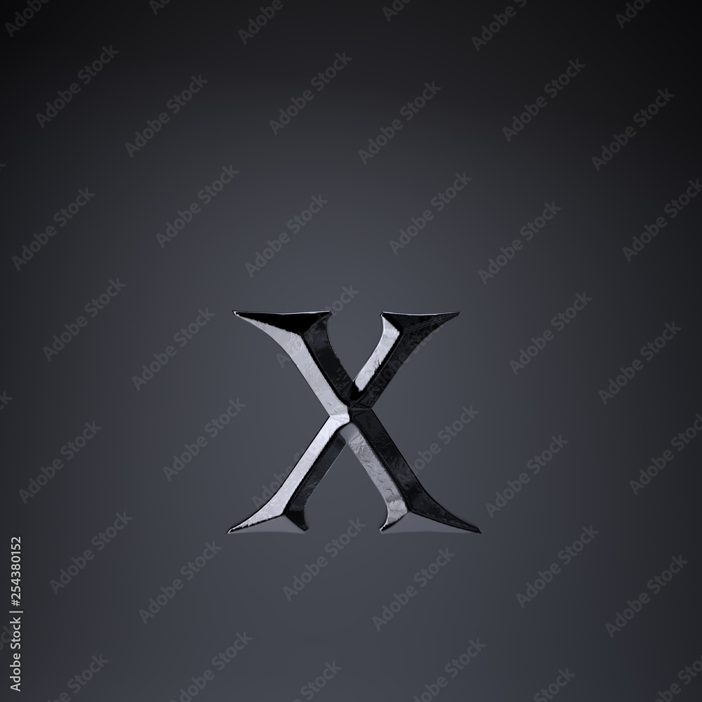 Chiseled iron letter X lowercase. 3d render game or movie title font isolated on black background.