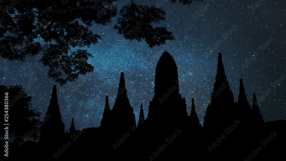 Wat Chaiwatthanaram by Night with Stars, a Buddhist Temple in the City of Ayutthaya Historical Park, UNESCO world heritage site, Thailand