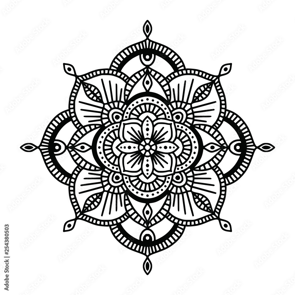 Black and white floral ethnic mandala, on white background Black and white floral ethnic mandala, on white background