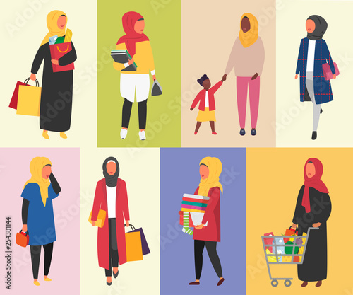 Hijab Muslim Women daily routine vector illustration