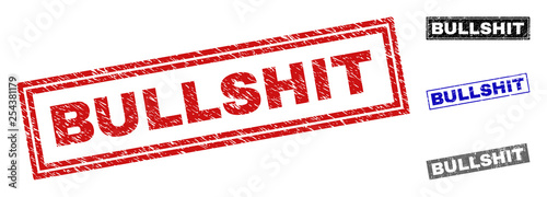 Grunge BULLSHIT rectangle stamp seals isolated on a white background. Rectangular seals with distress texture in red, blue, black and grey colors.