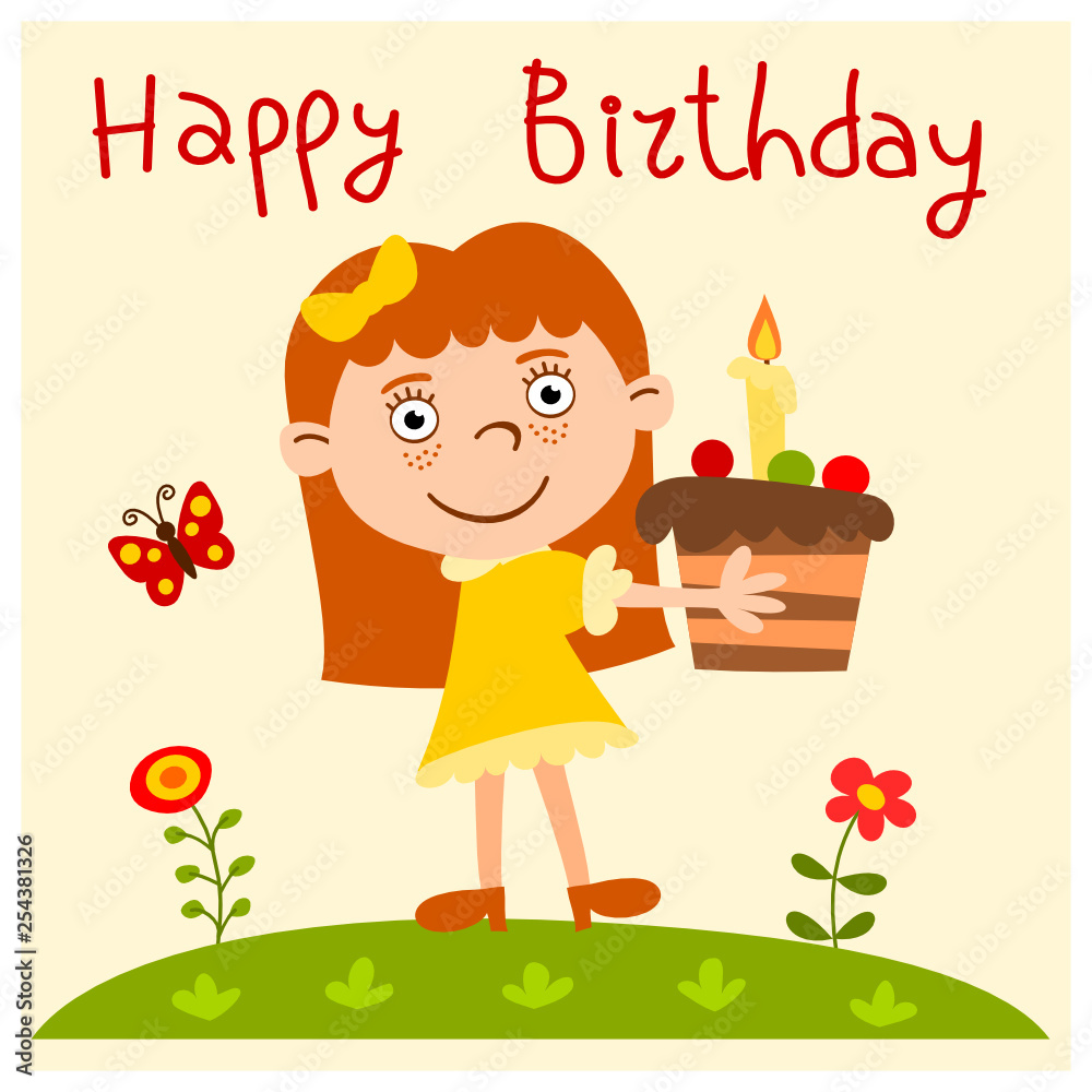 Happy Birthday card - funny girl with a cake and candle in her hands in  cartoon style. Stock Vector | Adobe Stock