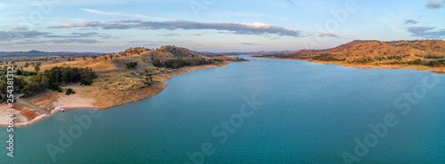 Aerial panorama of Murray River and Lake Hume at sunset with copy space