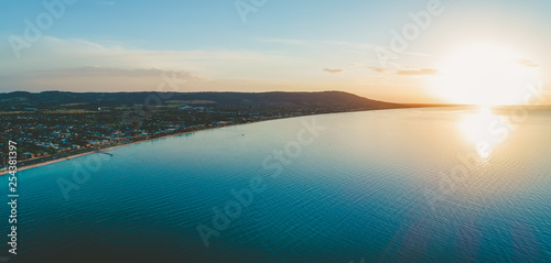 Aerial panorama of Safety Beach suburb coastline at sunset. Mornington Peninsula  Melbourne  Australia