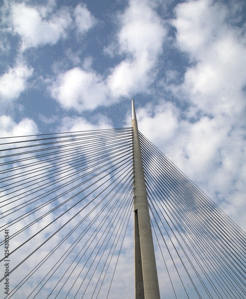 Tower Bridge at Ada Belgrade. Cables at tower provide bridge construction. High pylon. Tower Bridge at Ada Belgrade. Cables at tower provide bridge construction. High pylon.