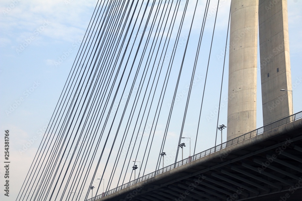 Obraz premium Tower Bridge at Ada Belgrade. Cables at tower provide bridge construction. High pylon.