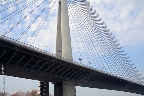 Tower Bridge at Ada Belgrade. Cables at tower provide bridge construction. High pylon.