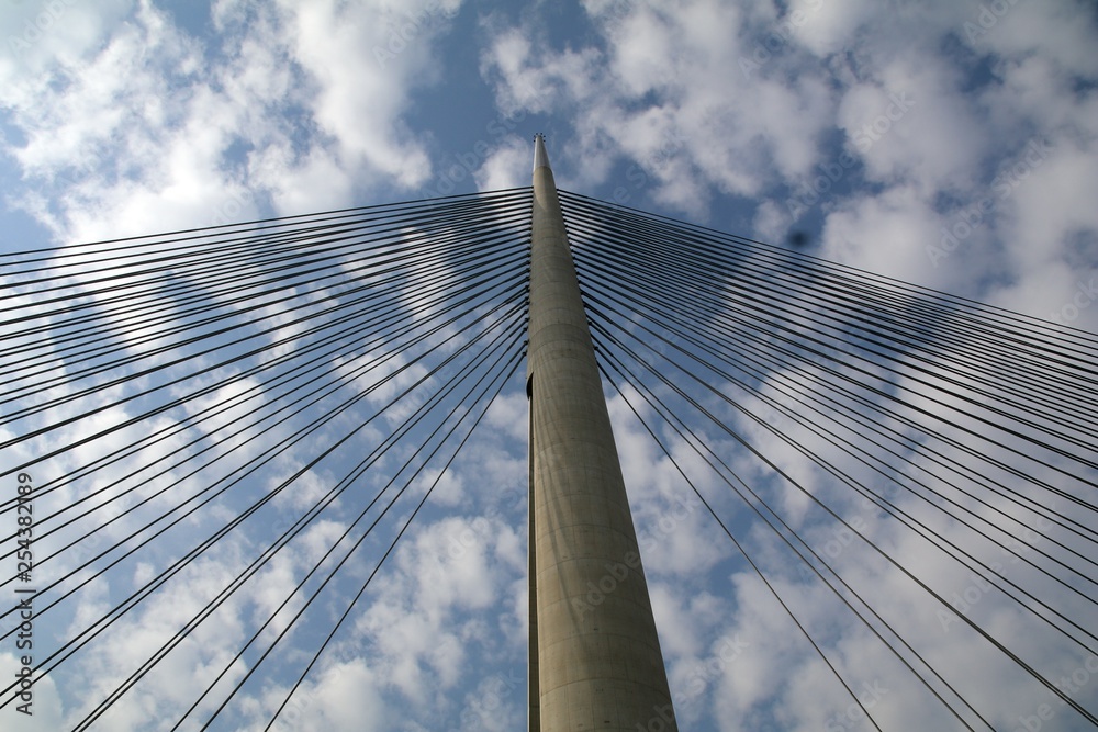 Tower Bridge at Ada Belgrade. Cables at tower provide bridge construction. High pylon. Tower Bridge at Ada Belgrade. Cables at tower provide bridge construction. High pylon.