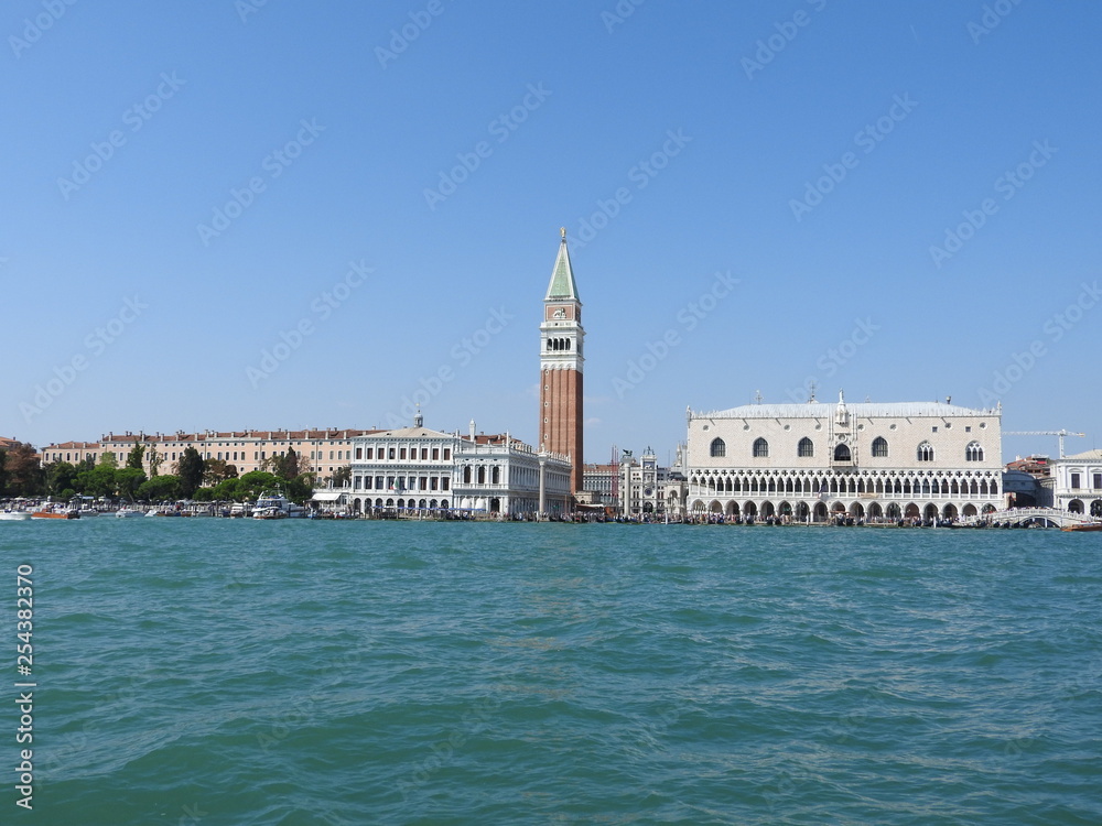Grand Canal with St Marks Campanile bell tower and Palazzo Ducale, Doge Palace, in Venice, Italy