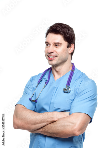 Nurse man with a stethoscope isolated.