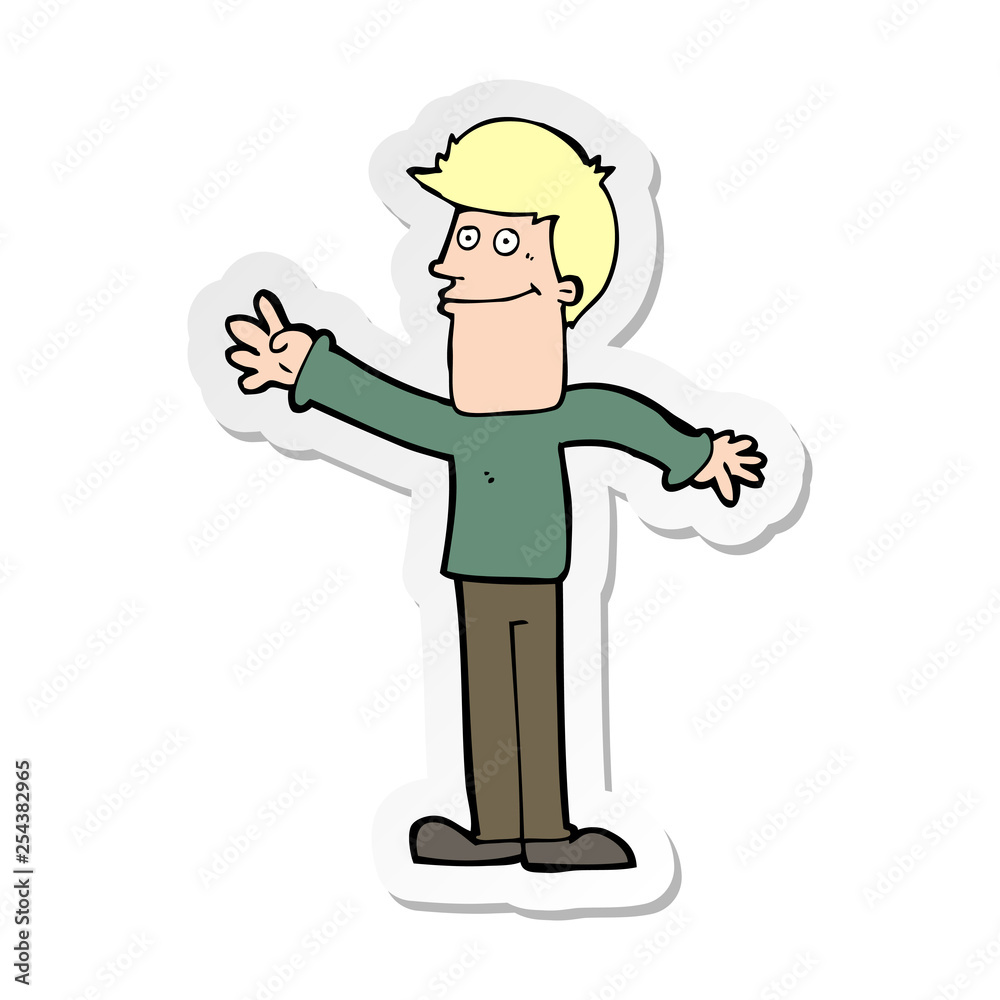 sticker of a cartoon happy man waving sticker of a cartoon happy man waving