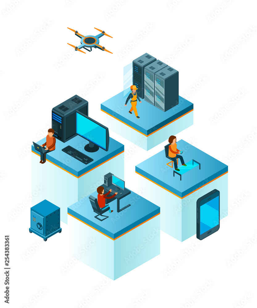Business team isometric. Coworking people managers working at laptop smartphone cloud service team building vector business concept. Business team, company office people illustration